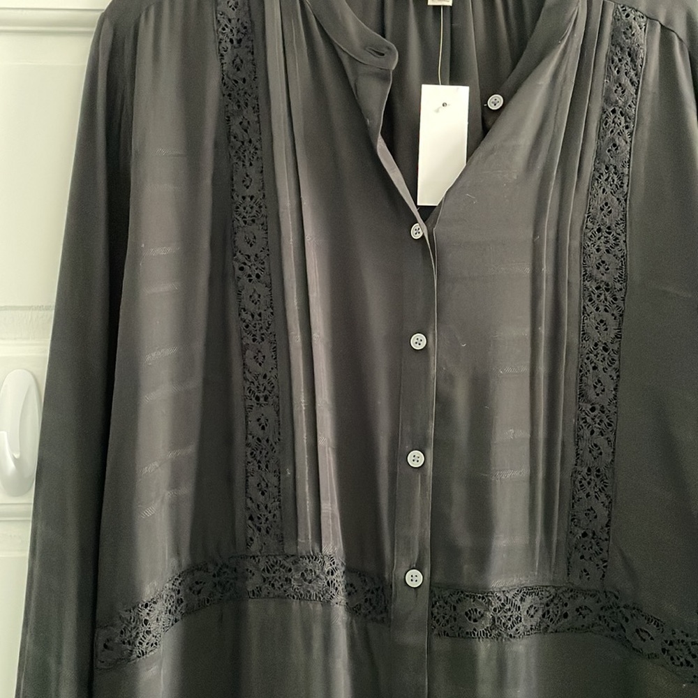 NWT LOFT Black Stitch-Detail Textured Stripe Button-Up Long Sleeve Tunic Top - Picture 6 of 12